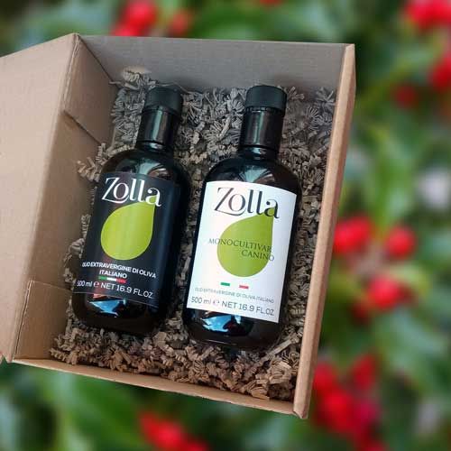 ACQUISTA ORA</a></p>Duetto box  confezione con due bottiglie di Evo Blend Zolla + Monocultivar Canino DOP Zolla