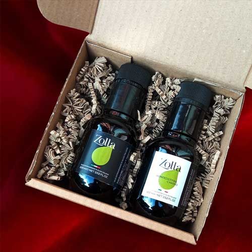 Duetto box  confezione con due bottiglie di Evo Blend Zolla + Monocultivar Canino DOP Zolla